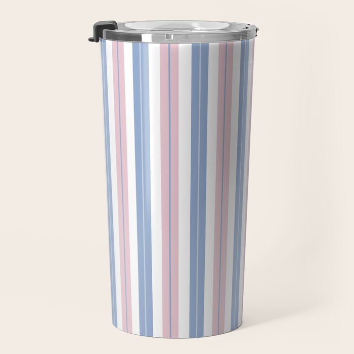 Cottage Stripes Double Stripe Pattern in Pastel Blue Pink White Travel Mug Gallery Image 3