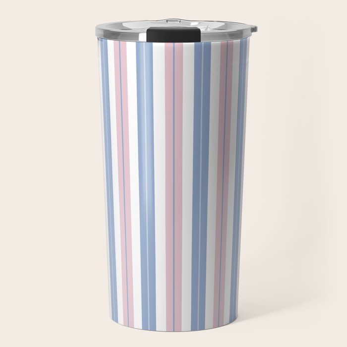 Cottage Stripes Double Stripe Pattern in Pastel Blue Pink White Travel Mug Gallery Image 1