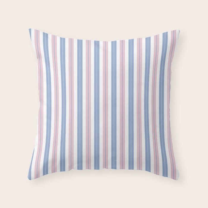 Cottage Stripes Double Stripe Pattern in Pastel Blue Pink White Throw Pillow Gallery Image 1