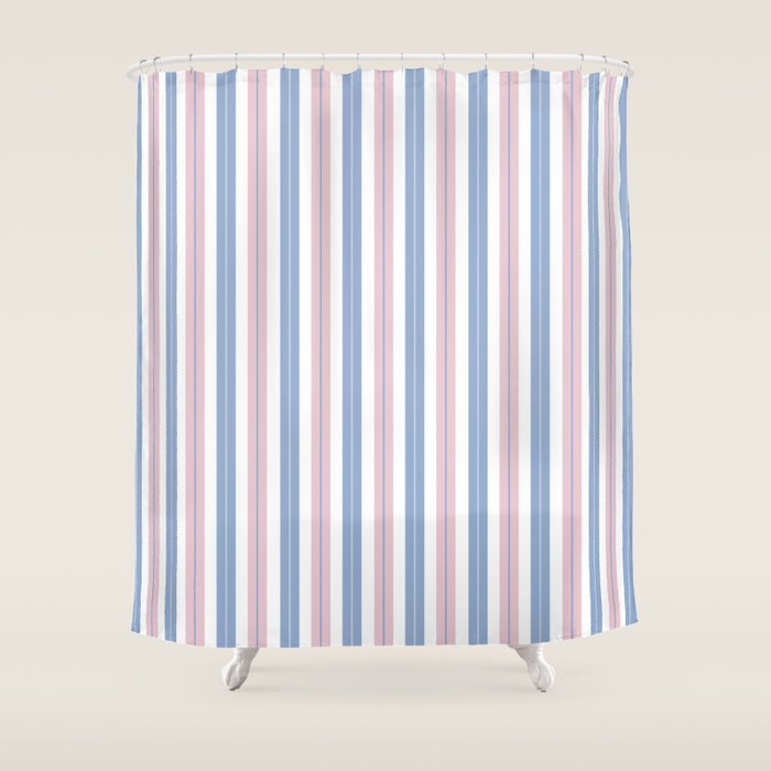 Cottage Stripes Double Stripe Pattern in Pastel Blue Pink White Shower Curtain Gallery Image 1