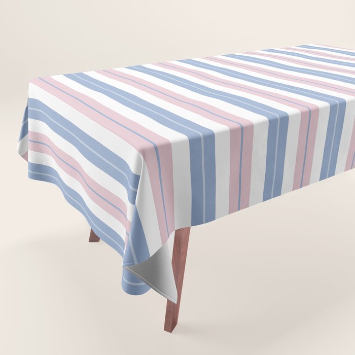Cottage Stripes Double Stripe Pattern in Pastel Blue Pink White Tablecloth Gallery Image 1