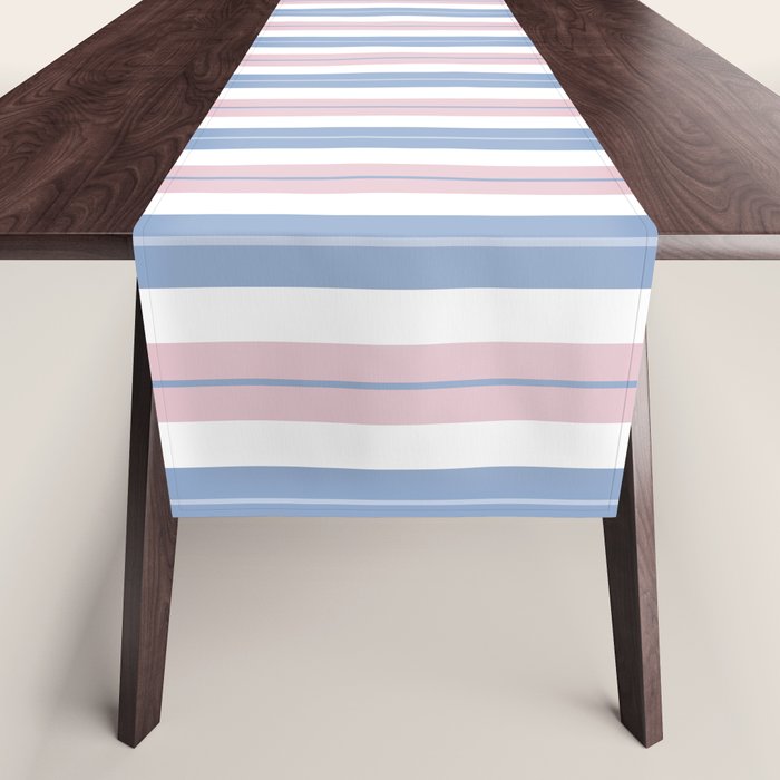 Cottage Stripes Double Stripe Pattern in Pastel Blue Pink White Table Runner Gallery Image 1