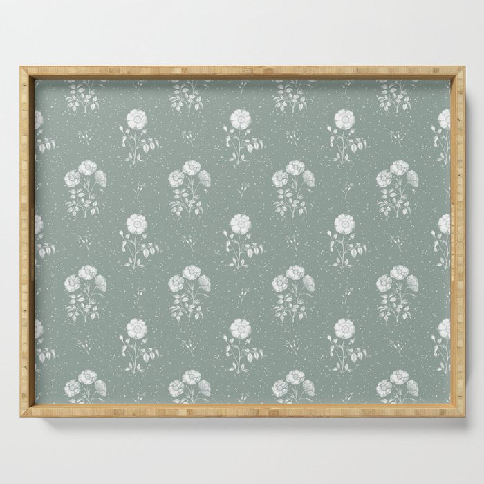 Green and White Vintage Block Print Floral Serving Tray Gallery Image 1