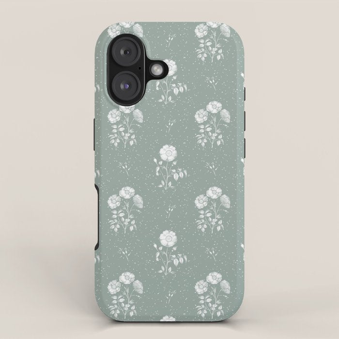 Green and White Vintage Block Print Floral iPhone Case Gallery Image 1