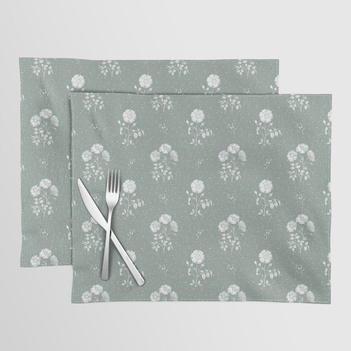Green and White Vintage Block Print Floral Placemat Gallery Image 1