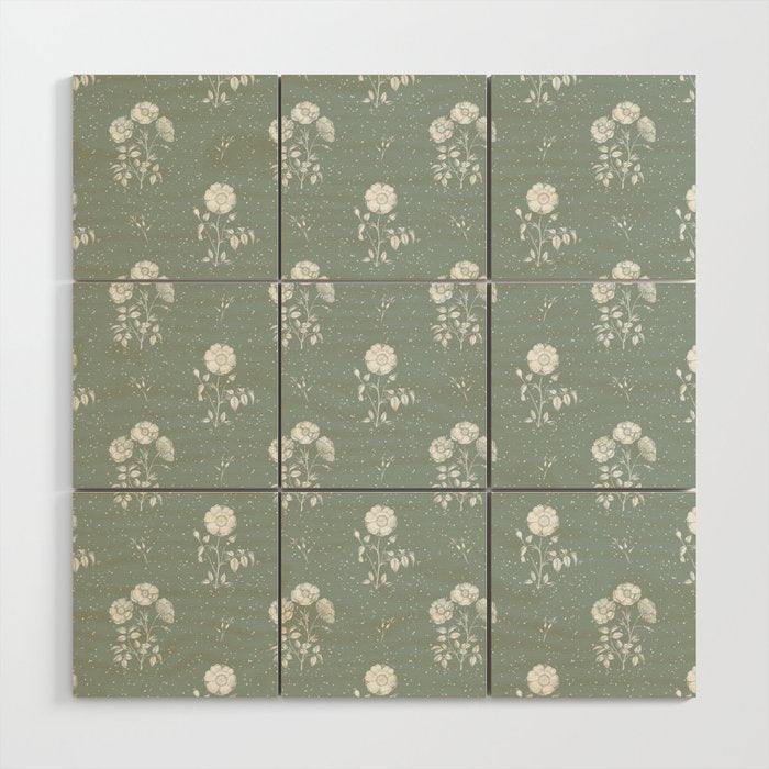 Green and White Vintage Block Print Floral Wood Wall Art Gallery Image 1