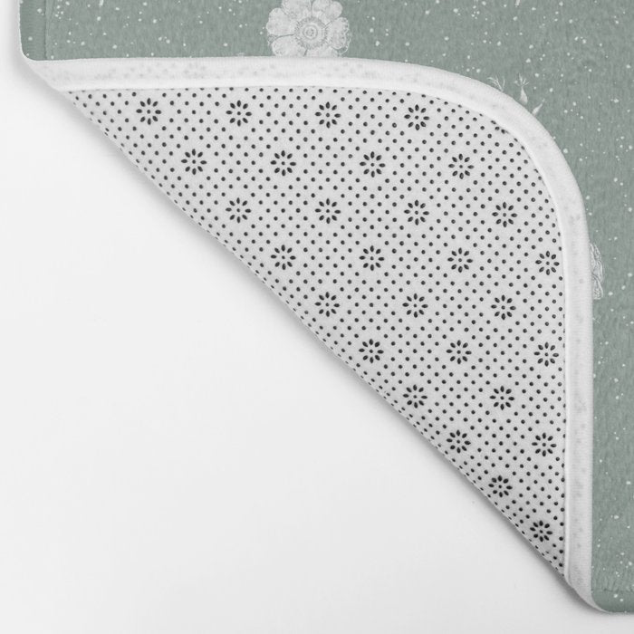 Green and White Vintage Block Print Floral Bath Mat Gallery Image 2