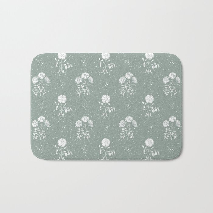 Green and White Vintage Block Print Floral Bath Mat Gallery Image 1