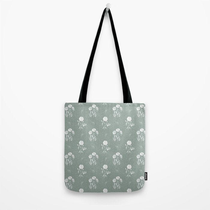 Green and White Vintage Block Print Floral Tote Bag Gallery Image 2