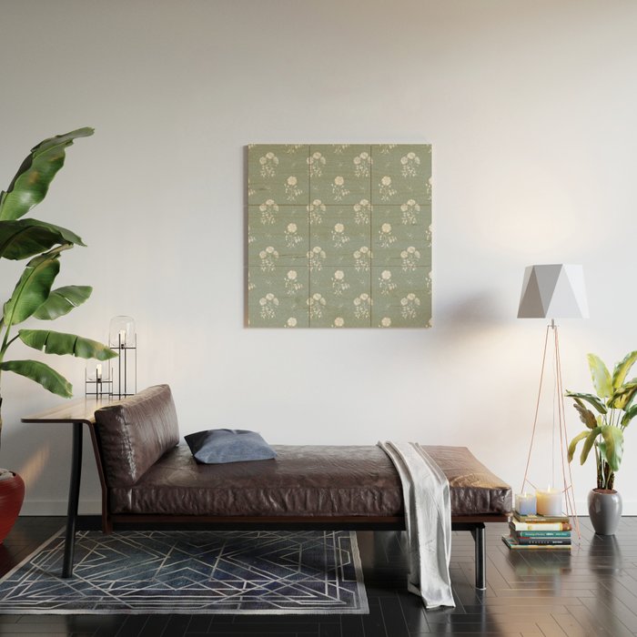 Green and White Vintage Block Print Floral Wood Wall Art Gallery Image 2