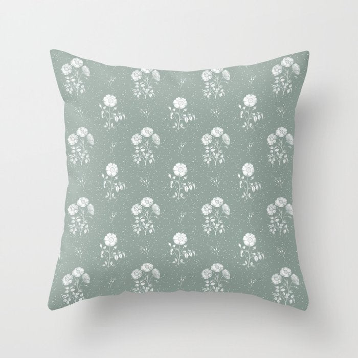 Green and White Vintage Block Print Floral Throw Pillow Gallery Image 1