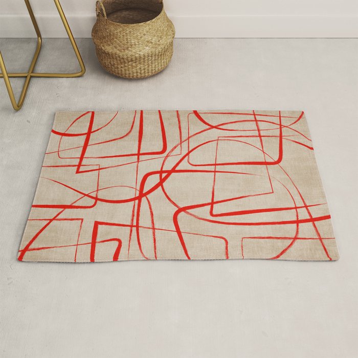 Bold Red Lines Artwork Beige Background  Rug Gallery Image 1
