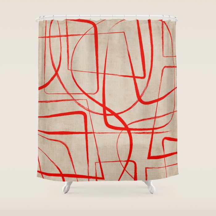 Bold Red Lines Artwork Beige Background  Shower Curtain Gallery Image 1