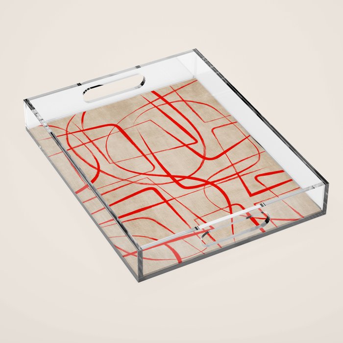 Bold Red Lines Artwork Beige Background  Acrylic Tray Gallery Image 1