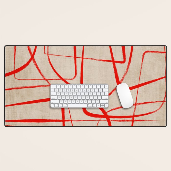 Bold Red Lines Artwork Beige Background  Desk Mat Gallery Image 1