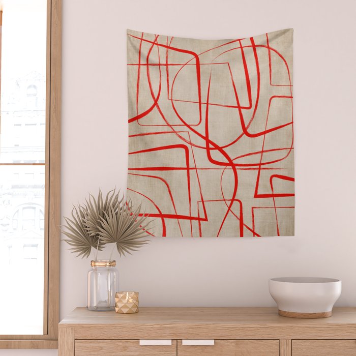 Bold Red Lines Artwork Beige Background  Wall Tapestry Gallery Image 2