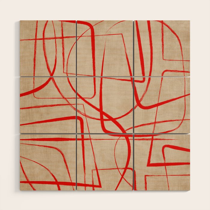Bold Red Lines Artwork Beige Background  Wood Wall Art Gallery Image 1