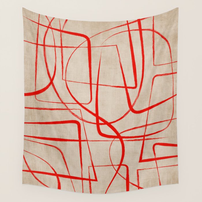 Bold Red Lines Artwork Beige Background  Wall Tapestry Gallery Image 4