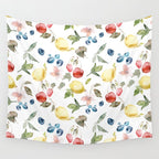 Lemon Berries and Cherries Watercolor Pattern Wall Tapestry Gallery Image 4