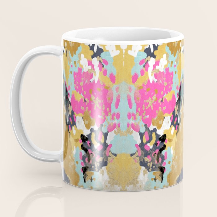 Laurel - Abstract painting in a free style with bold colors gold, navy, pink, blush, white, turquois Coffee Mug Gallery Image 3