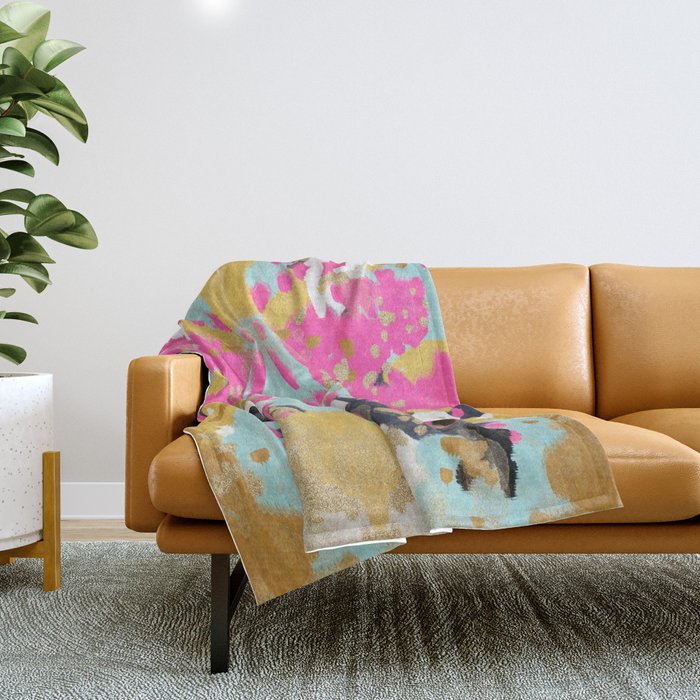 Laurel - Abstract painting in a free style with bold colors gold, navy, pink, blush, white, turquois Throw Blanket Gallery Image 1