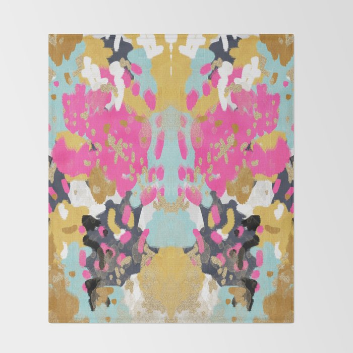 Laurel - Abstract painting in a free style with bold colors gold, navy, pink, blush, white, turquois Throw Blanket Gallery Image 2