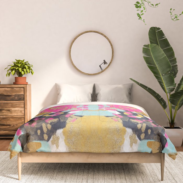 Laurel - Abstract painting in a free style with bold colors gold, navy, pink, blush, white, turquois Comforter Gallery Image 3
