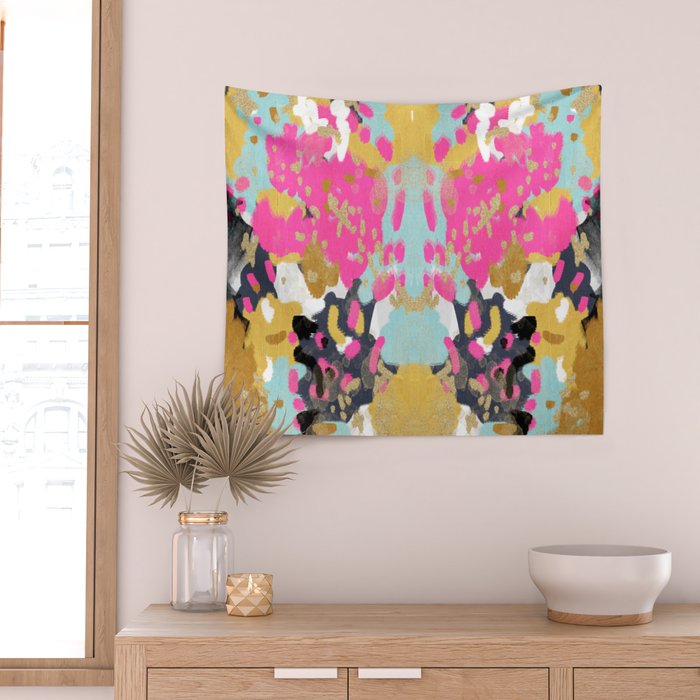 Laurel - Abstract painting in a free style with bold colors gold, navy, pink, blush, white, turquois Wall Tapestry Gallery Image 2