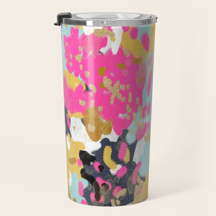 Laurel - Abstract painting in a free style with bold colors gold, navy, pink, blush, white, turquois Travel Mug Gallery Image 3