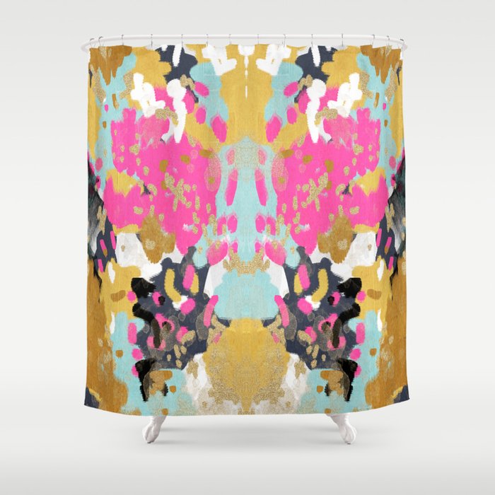 Laurel - Abstract painting in a free style with bold colors gold, navy, pink, blush, white, turquois Shower Curtain Gallery Image 1