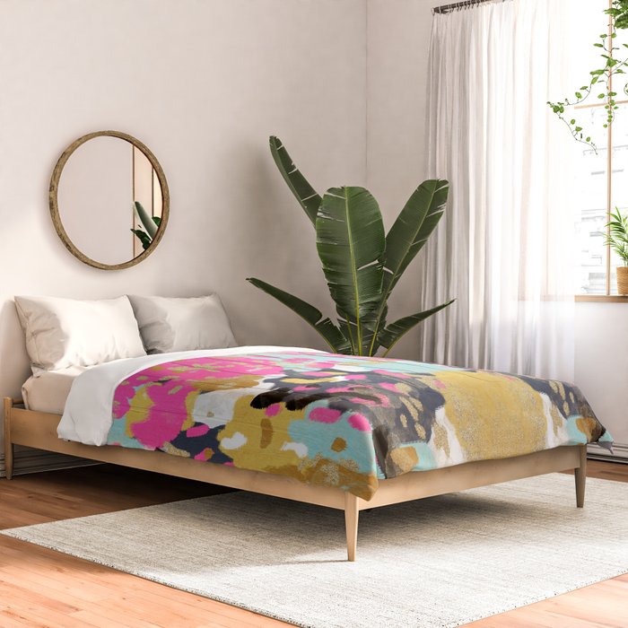 Laurel - Abstract painting in a free style with bold colors gold, navy, pink, blush, white, turquois Comforter Gallery Image 2