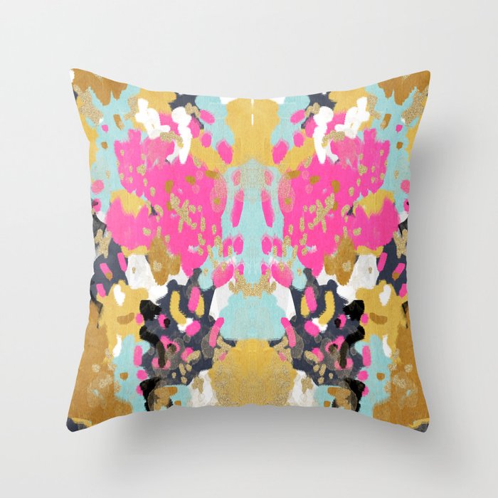 Laurel - Abstract painting in a free style with bold colors gold, navy, pink, blush, white, turquois Throw Pillow Gallery Image 6
