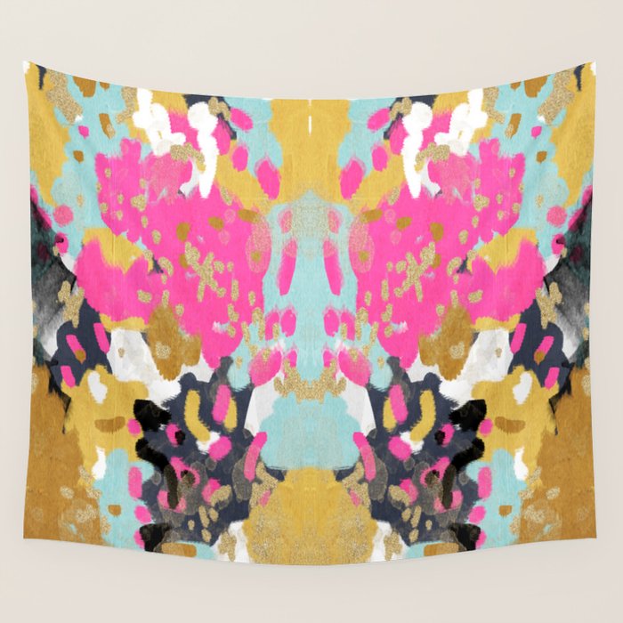 Laurel - Abstract painting in a free style with bold colors gold, navy, pink, blush, white, turquois Wall Tapestry Gallery Image 4