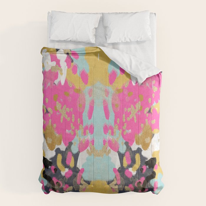 Laurel - Abstract painting in a free style with bold colors gold, navy, pink, blush, white, turquois Comforter Gallery Image 6