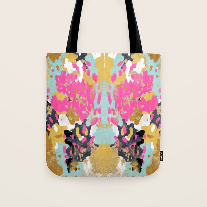Laurel - Abstract painting in a free style with bold colors gold, navy, pink, blush, white, turquois Tote Bag Gallery Image 1