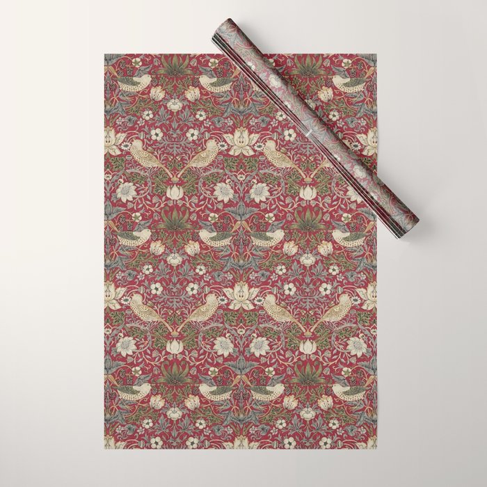 William Morris Strawberry Thief Crimson Red Wrapping Paper Gallery Image 1