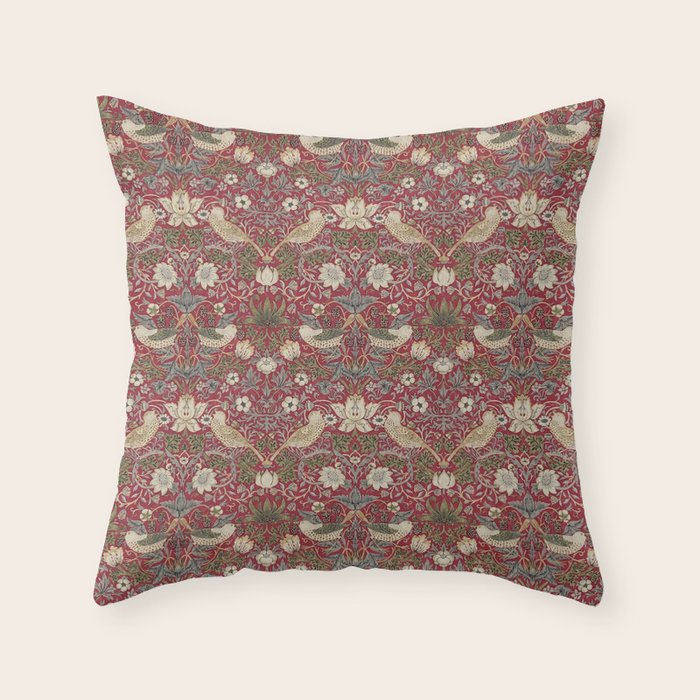 William Morris Strawberry Thief Crimson Red Throw Pillow Gallery Image 1