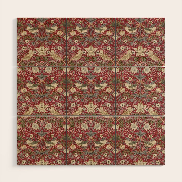 William Morris Strawberry Thief Crimson Red Wood Wall Art Gallery Image 1