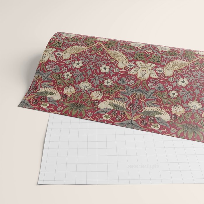 William Morris Strawberry Thief Crimson Red Wrapping Paper Gallery Image 2