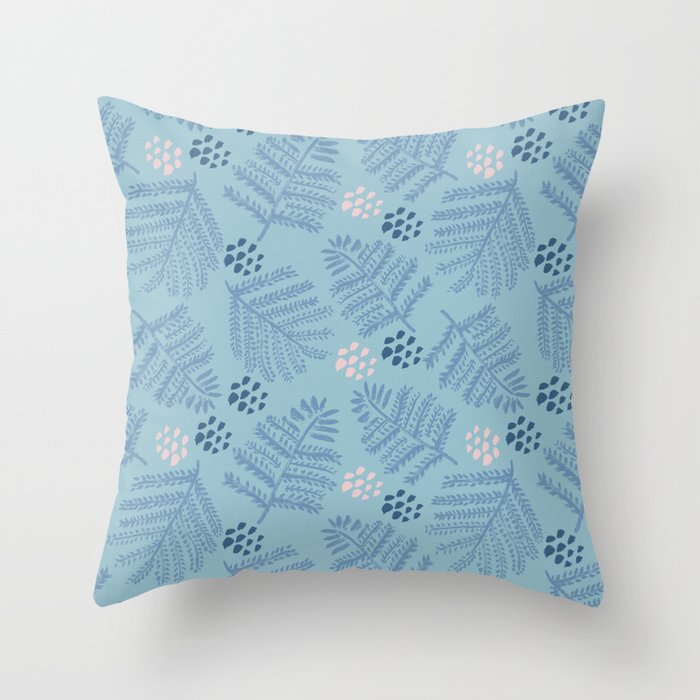 Winter & Woodsy Pine Trees in Warm Blue Throw Pillow Gallery Image 1
