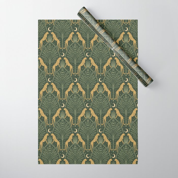 Night Cheetahs - Fern Green and Gold Wrapping Paper Gallery Image 1