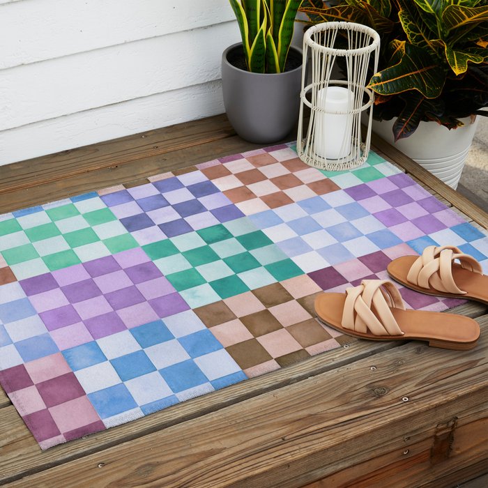 Handmade checker Cool tones Cozy heirloom Outdoor Rug Gallery Image 2