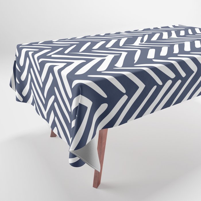 Boho Herringbone Pattern, Navy Blue and White Tablecloth Gallery Image 1