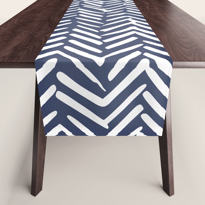 Boho Herringbone Pattern, Navy Blue and White Table Runner Gallery Image 1