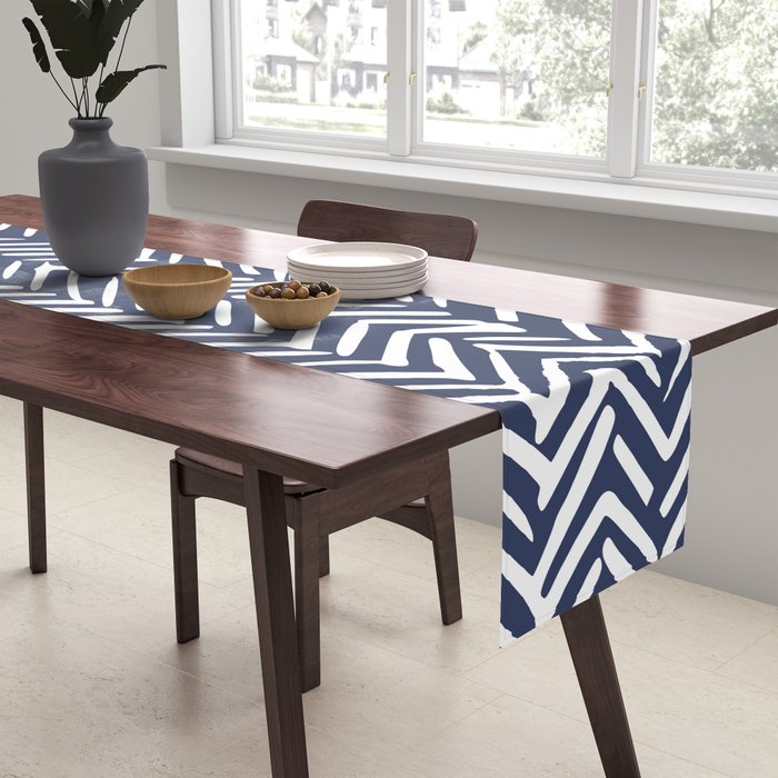 Boho Herringbone Pattern, Navy Blue and White Table Runner Gallery Image 2