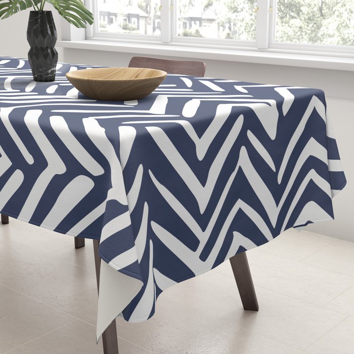 Boho Herringbone Pattern, Navy Blue and White Tablecloth Gallery Image 3