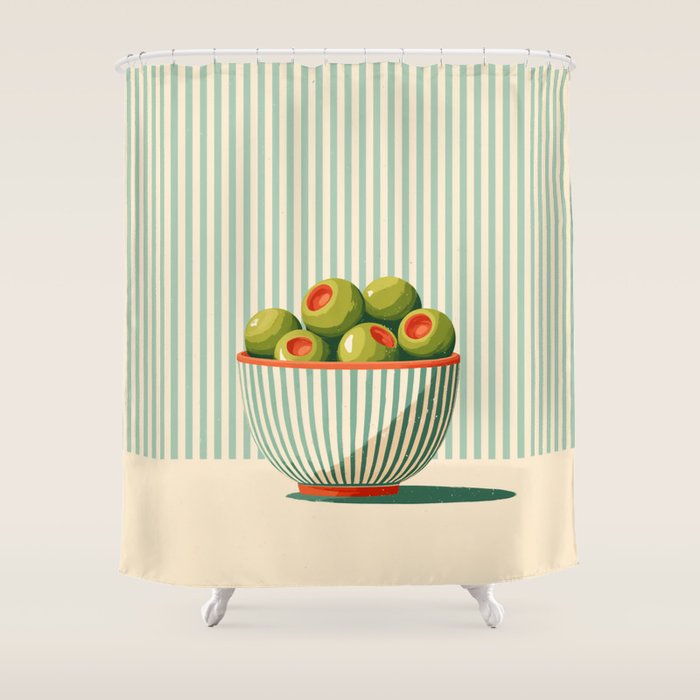 Retro Olive Bowl Illustration Shower Curtain Gallery Image 1