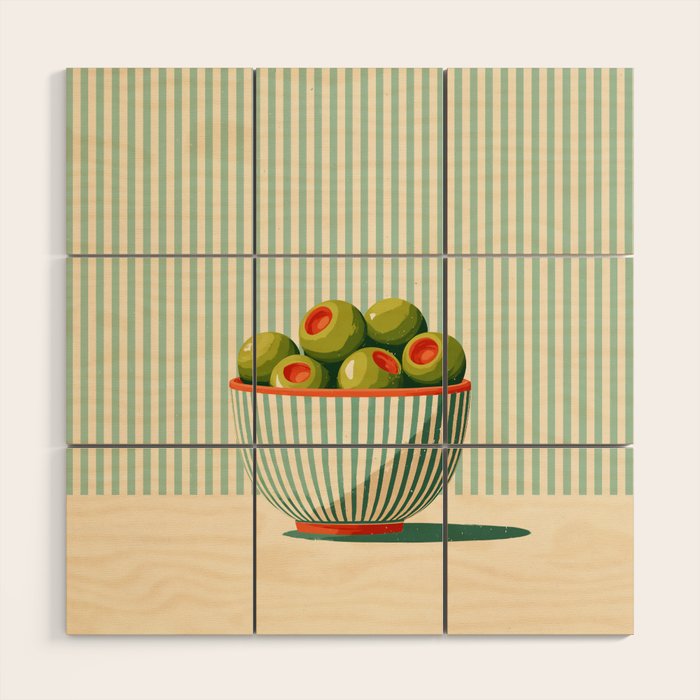 Retro Olive Bowl Illustration Wood Wall Art Gallery Image 1