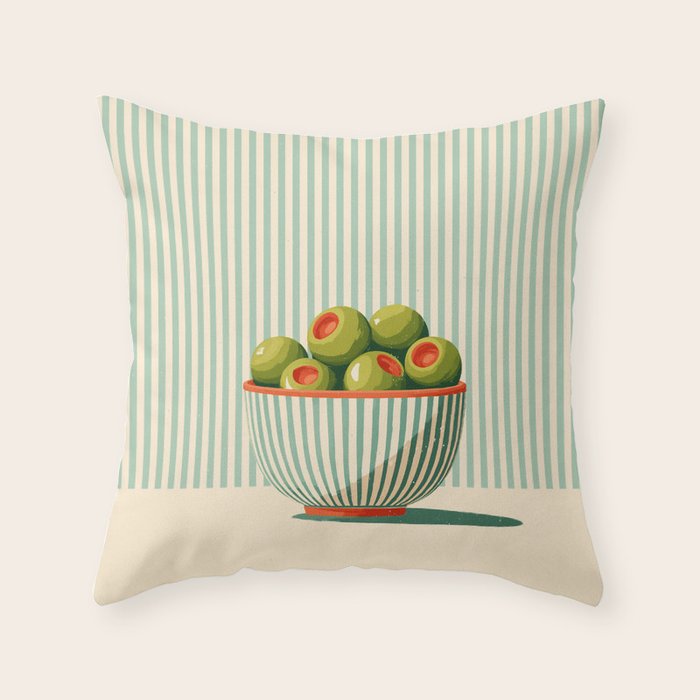 Retro Olive Bowl Illustration Throw Pillow Gallery Image 1