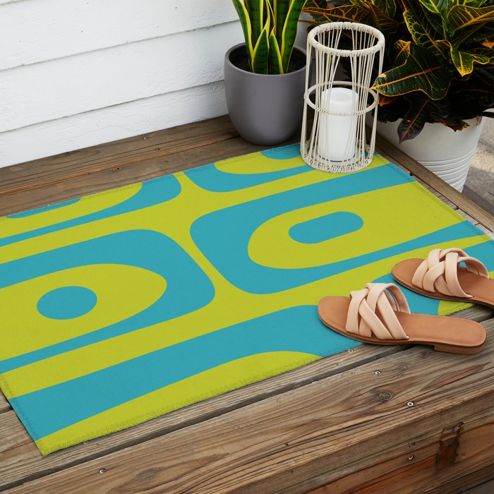 Mid Century Modern Piquet Abstract Pattern Bright Lime Green and Turquoise Outdoor Rug Gallery Image 2